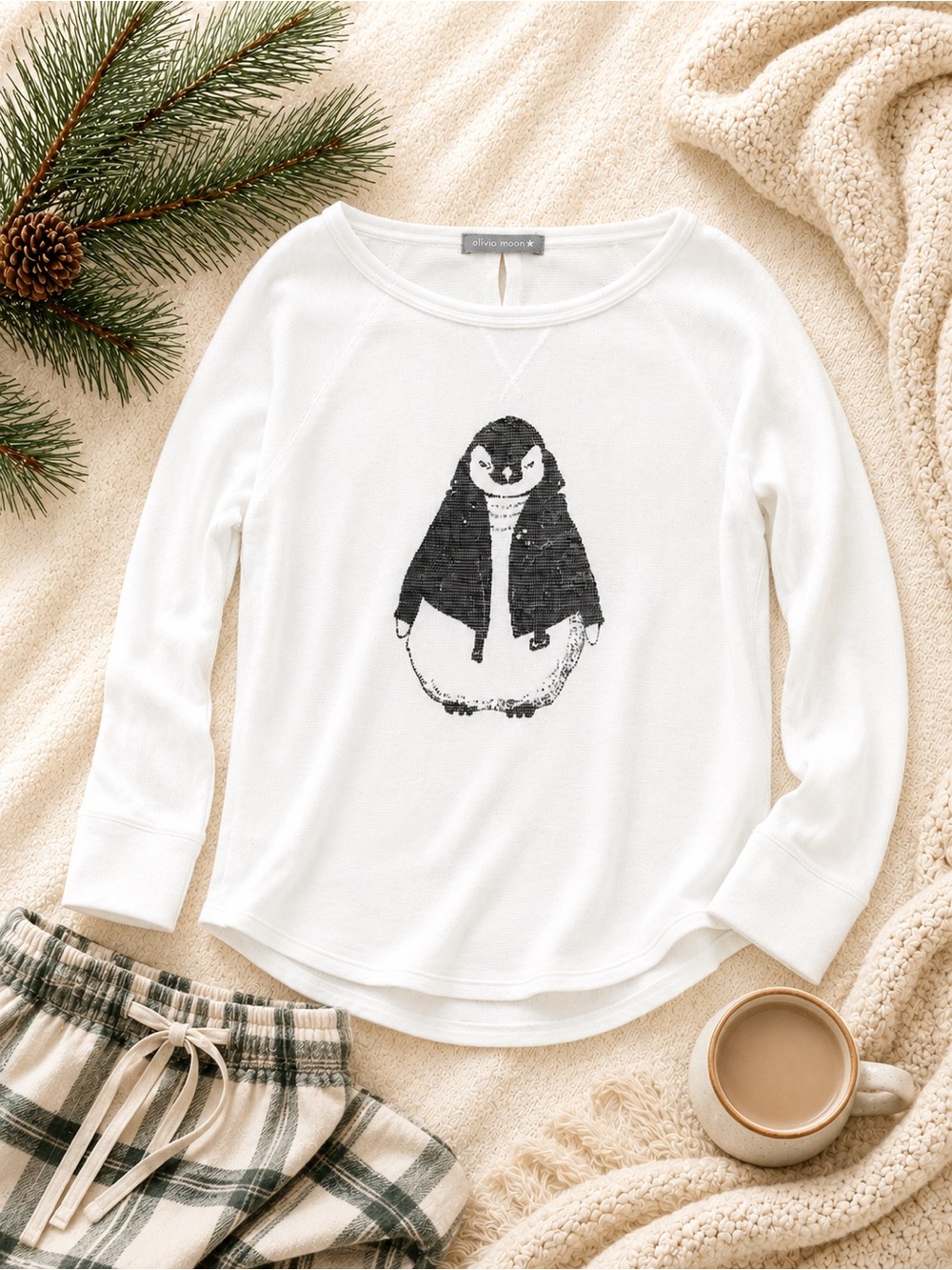 American Eagle Penguin Thermal Waffle Knit Long Sleeve Top Large